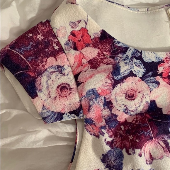 White Mini Dress w/ Pink/Purple Flowers and Cutout - Picture 2 of 6
